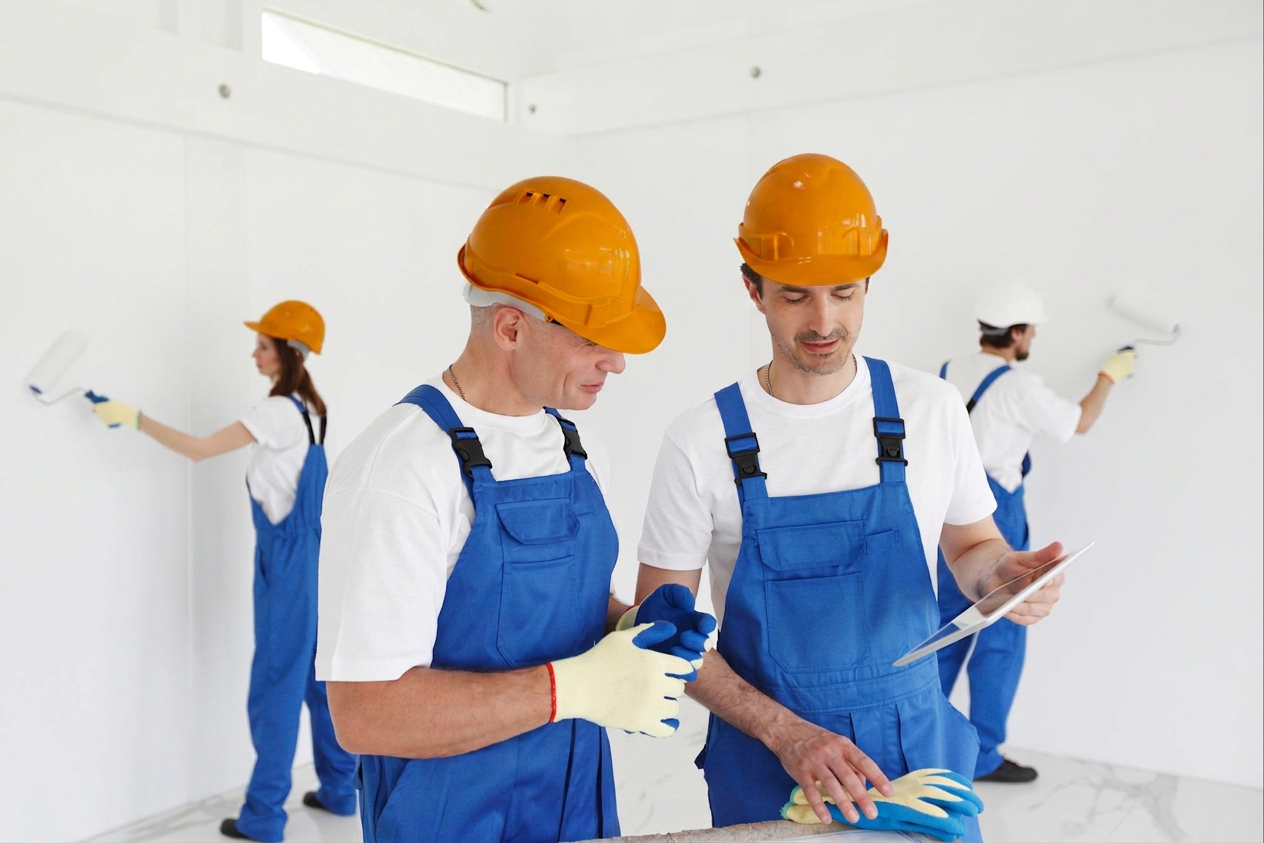 Two Juma Flooring & Renovations crew members reviewing a job on site